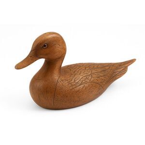 Hand Carved Wooden Duck Figurine Folk Art Rustic Home Decor Glass Eyes